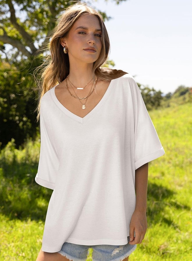 UEU Womens Summer Tops V Neck Short Sleeve Loose Fitting Gym Yoga Shirts Medium Milky White - Image 2